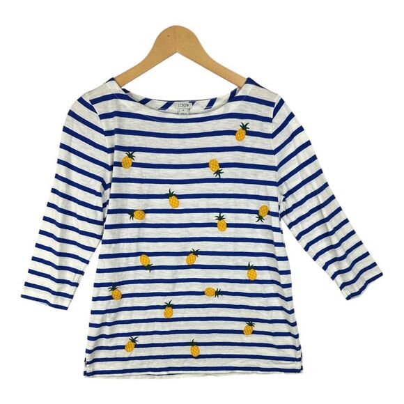 J. Crew Striped Pineapple Embroidered Boat Neck 3/4 Sleeve Top size Medium - Picture 1 of 8